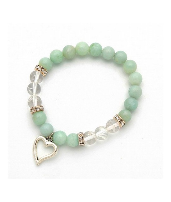 Pulsera de amazonita y cristal de roca en bola de 8 mm. con amuleto colgante metálico en forma de corazón y detalles de circoni