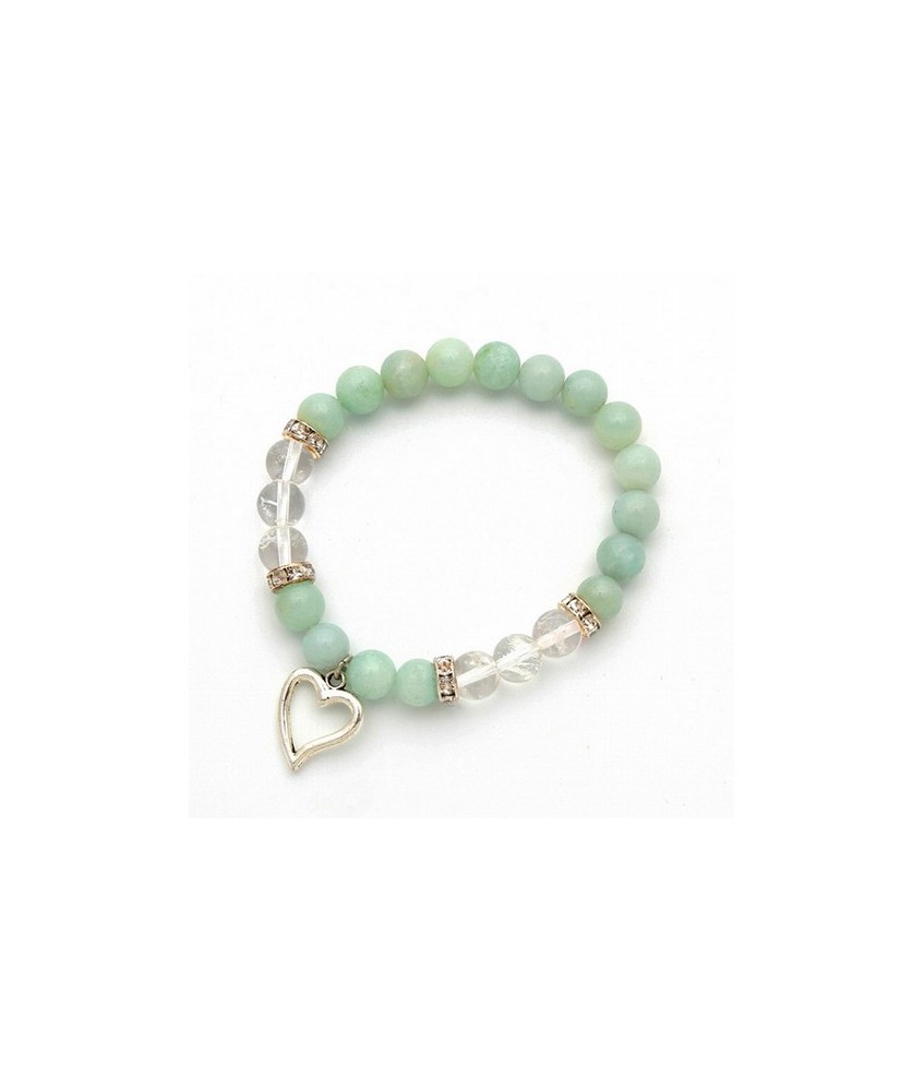 Pulsera de amazonita y cristal de roca en bola de 8 mm. con amuleto colgante metálico en forma de corazón y detalles de circoni