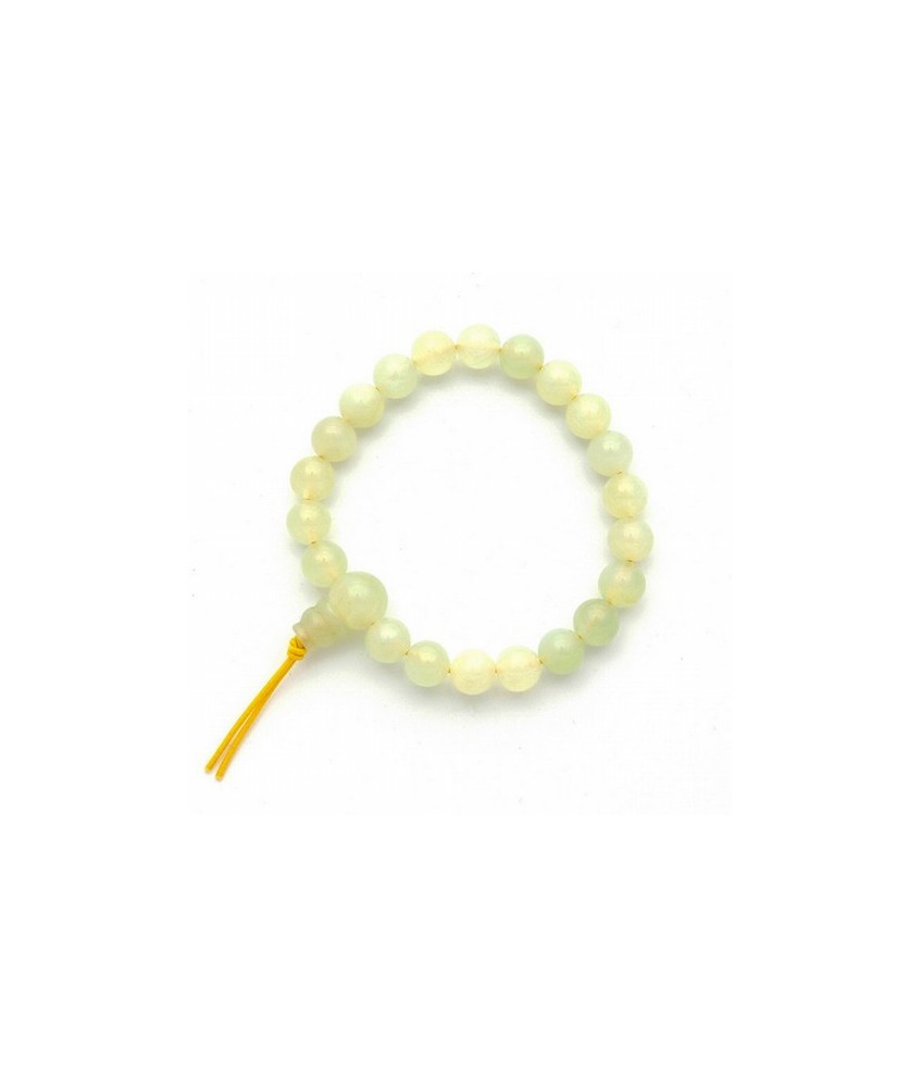 Pulsera de jade verde en bolas de 8mm.
Presentada con cartón con el  nombre del mineral y su propiedad.