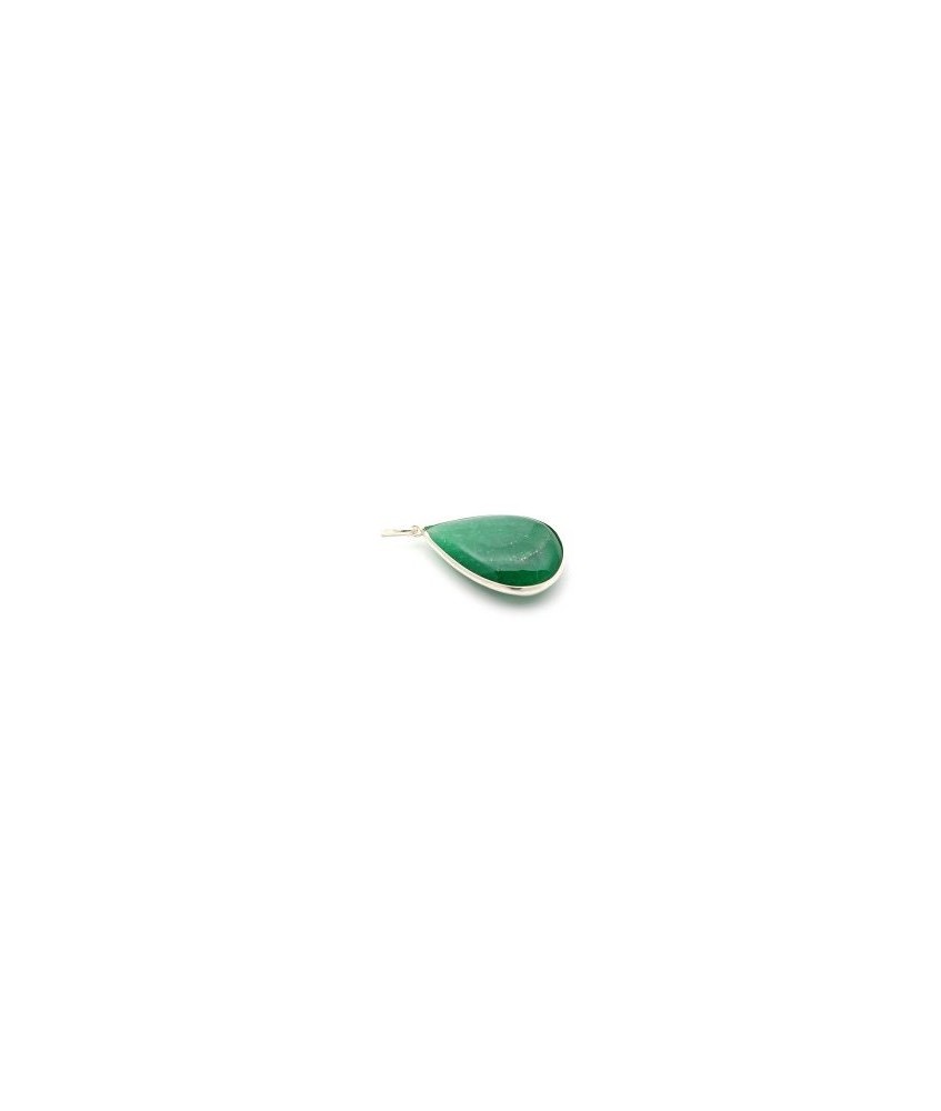 Colgante de cuarzo verde en forma de lagrima, bordeado y engarzado en plata.
