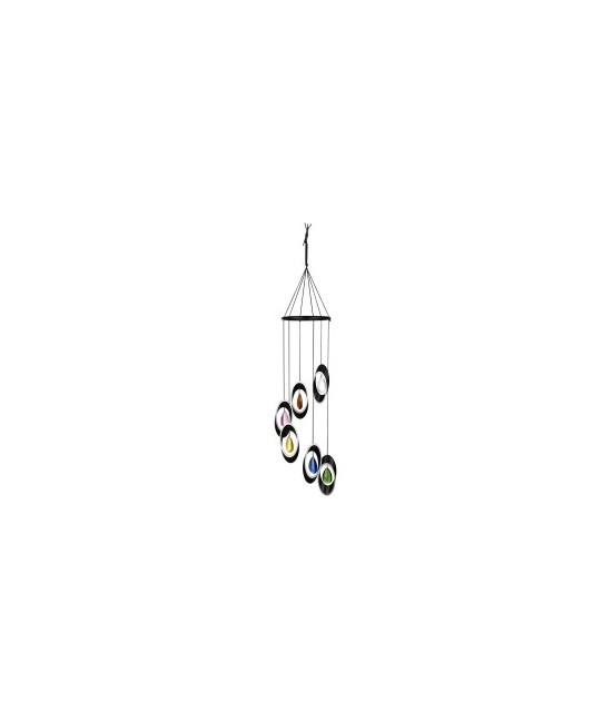 Altura total de 69 cm, 6 aros de aluminio negro, badajos de cristal de colores (transparente, ámbar, rosa, amarillo, verde y az