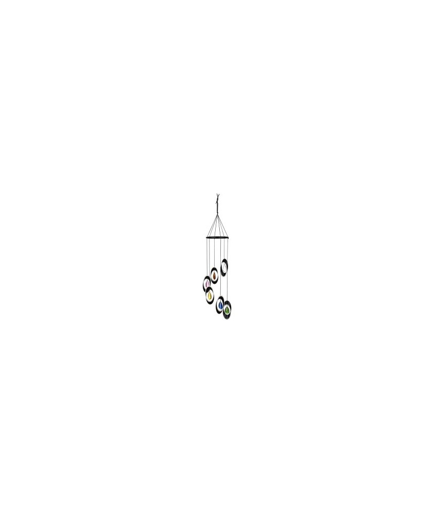 Altura total de 69 cm, 6 aros de aluminio negro, badajos de cristal de colores (transparente, ámbar, rosa, amarillo, verde y az