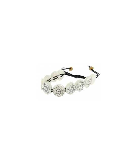 Pulsera hueso blanco 8 símbolos auspiciosos
Cuentas redondas de hueso tallado
Made in : Nepal
Esta pulsera regulable lleva l
