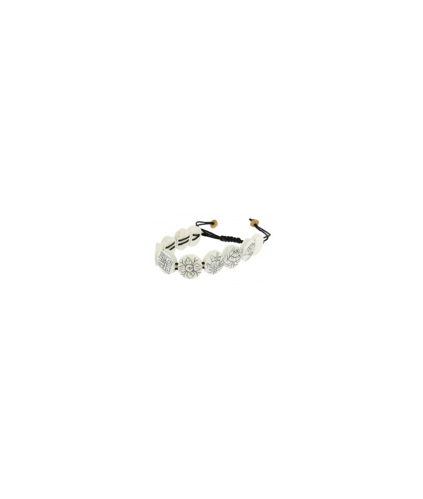Pulsera hueso blanco 8 símbolos auspiciosos
Cuentas redondas de hueso tallado
Made in : Nepal
Esta pulsera regulable lleva l